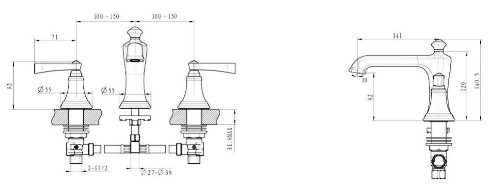 Смеситель для раковины на 3 отверстия Burlington CROSSWATER R-11-08-PC