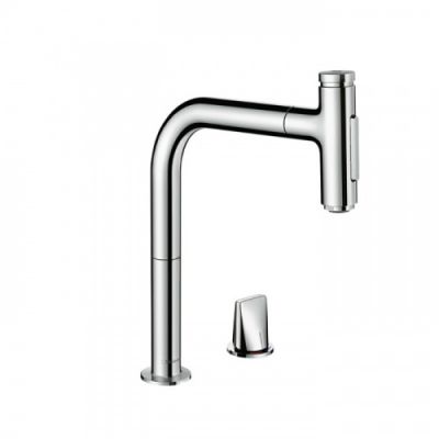 Hansgrohe Metris M71 Смеситель для кухни, на 2 отв, поворотный излив: 22.1см с вытяжным душем, 2jet, h:20.8см, sBox, цвет: хром 73818000