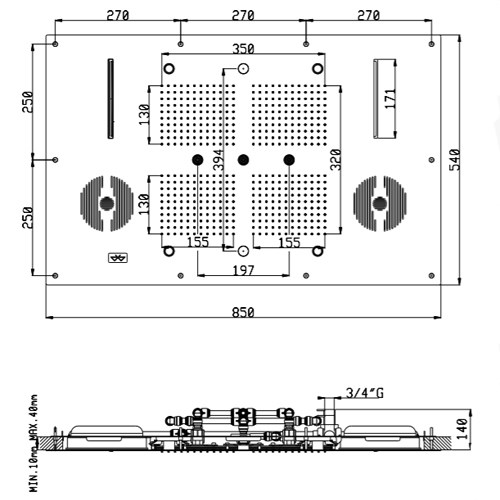 KT035A05Q AquaElite верхний душ потолочного крепления с 4-мя режимами, 850x540 мм, матовый чёрный, 38/05Q