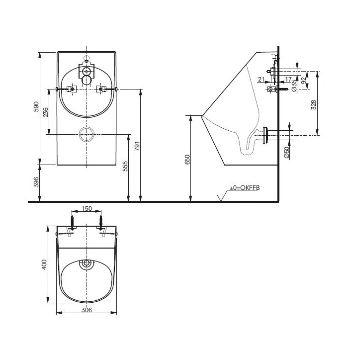 TOTO Public Писсуар 30.6x40x59см, CeFiONtect, цвет: белый UWN926EBS#XW