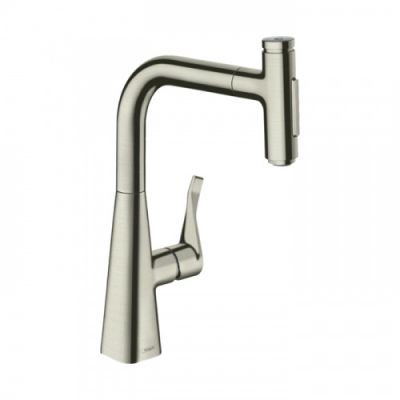 Hansgrohe Metris M71 Смеситель для кухни, на 1 отв, поворотный излив: 20.8см с вытяжным душем, 2jet, h238мм, sBox кнопка вкл/выкл,, цвет: нержавейка 73817800