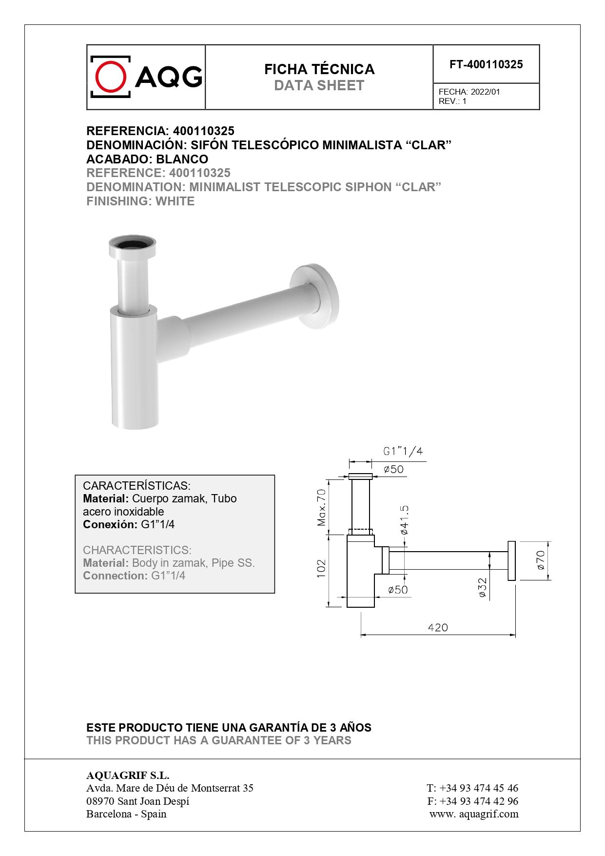 AQG, круглый сифон CLAR 1”1/4 из латуни, цвет белый матовый 400110325