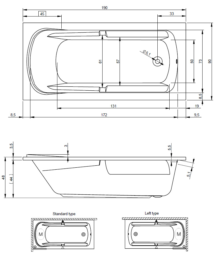 Ванна акриловая RIHO Columbia 150x75 без гидромассажа BA0200500000000