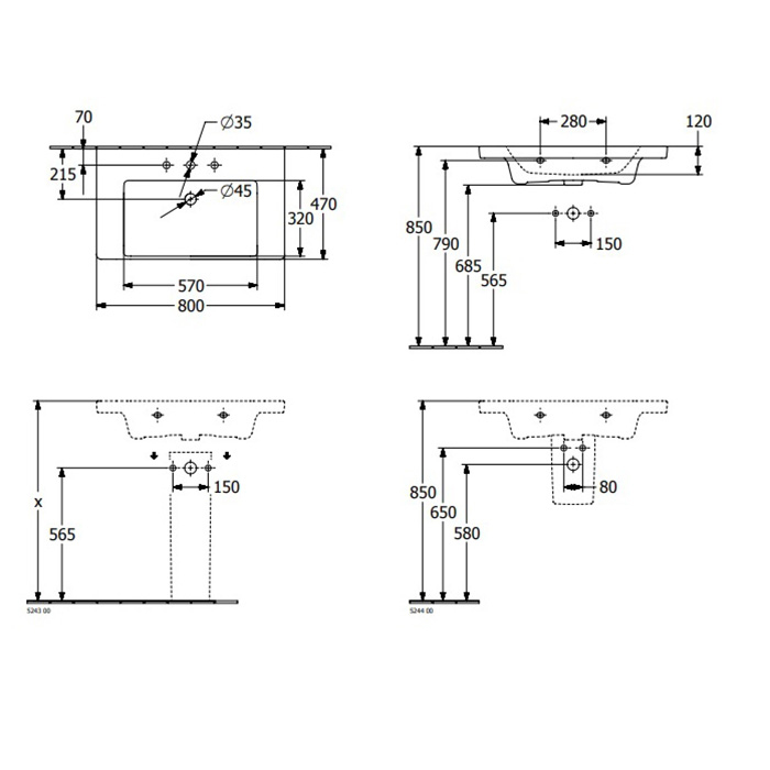 4A708001 Villeroy & Boch Subway 3.0 Раковина подвесная 80*47