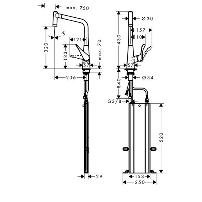 Hansgrohe Metris M71 Смеситель для кухни, на 1 отв однорычажный, поворотный излив 23.6см с вытяжным душем, 2jet, h32см, цвет: под сталь 73801800