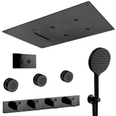 IF152_05Q AQUAelite Встроенный термостатический смеситель для ванны и душа + душевой гарнитур + верхний душ + боковые форсунки, Матовый чёрный, 38/05Q