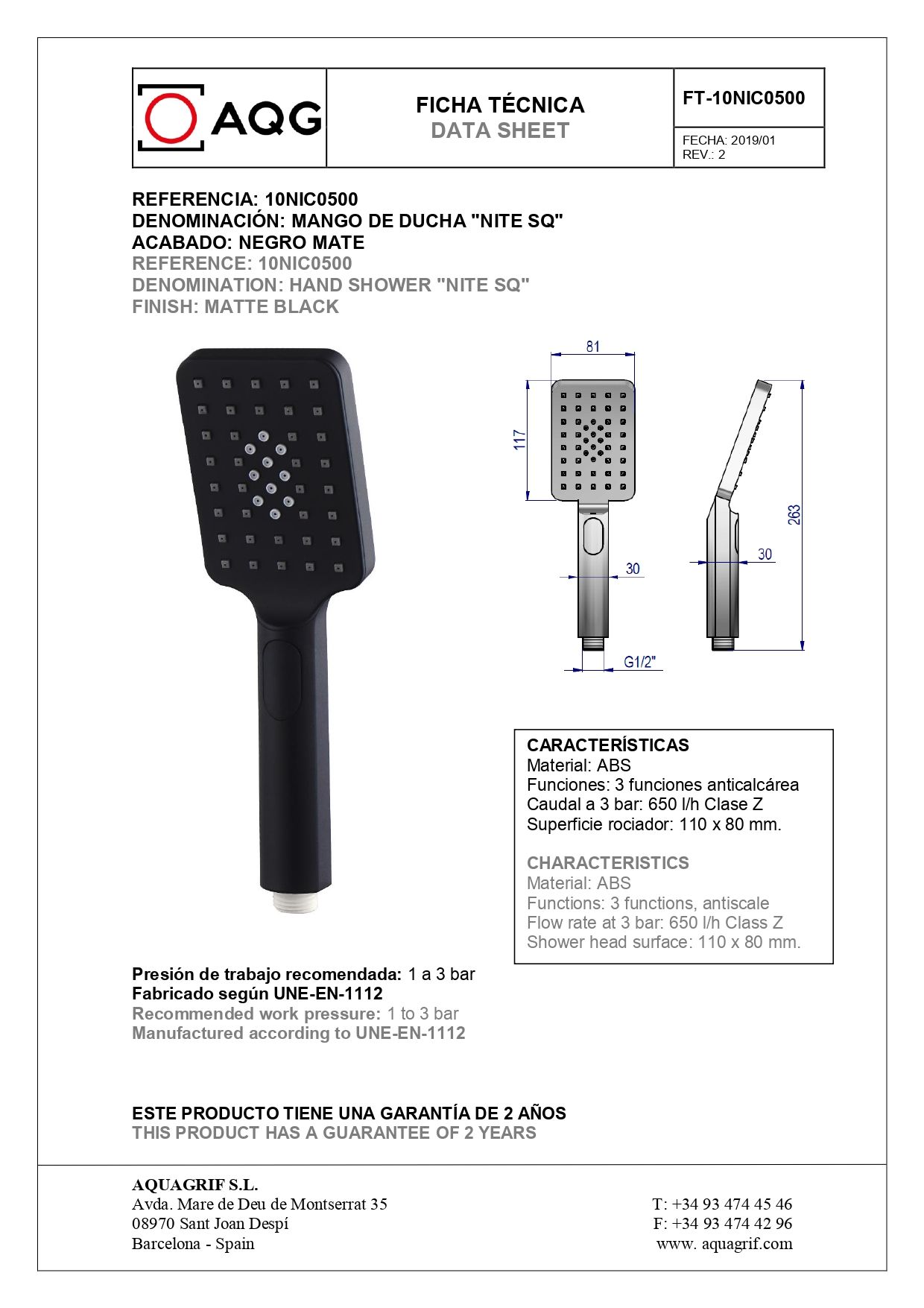 AQG, ручной душ антикальцевый NITE SQ 110х80 мм, 2х режимный, цвет черный матовый 10NIC0500