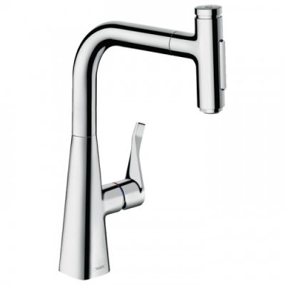 Hansgrohe Metris M71 Смеситель для кухни, на 1 отв, поворотный излив: 20.8см с вытяжным душем, 2jet, h238мм, sBox кнопка вкл/выкл,, цвет: хром 73817000