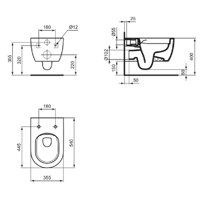 T465501 Ideal Standard Blend Curve Унитаз подвесной 54 см., безободковый с технологией смыва RimLS+&reg;, цвет: белый