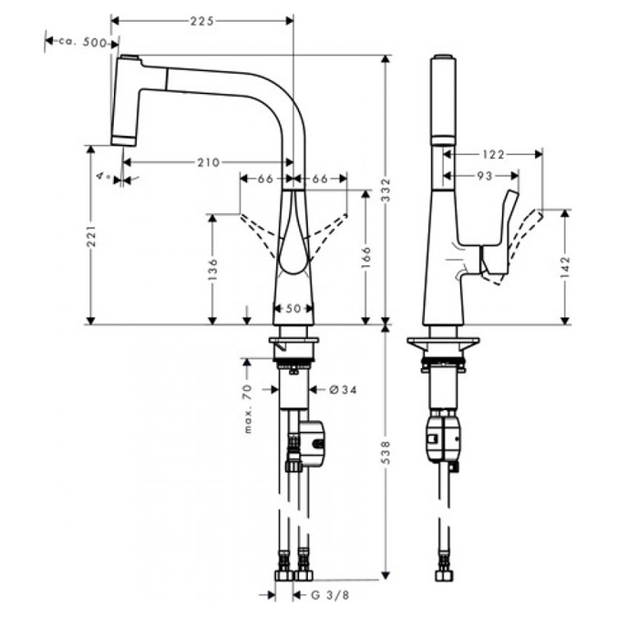 Hansgrohe Metris Смеситель  для кухни на 1 отв, поворотный и выдвижной излив 2jet, цвет: сталь 14834800