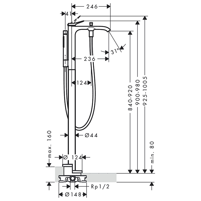 Hansgrohe Vivenis Смеситель для ванны, наполньный, с ручной лейкой, цвет: хром 75445000