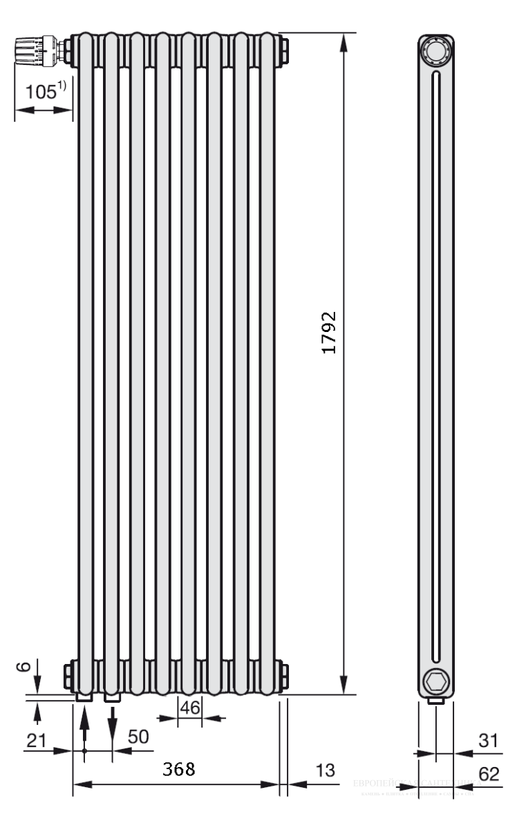 CH 2180-08 V001 1/2 Ral 9016 + 173511 Zehnder Charleston Completto радиатор отопления 2-х трубный 1792х368х62 нижнее подключение верхний термовентиль V001 1/2" Ral 9016 комплект set x2 SMB2T