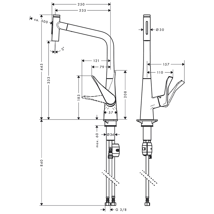Hansgrohe Metris Select M71 Смеситель для кухни, на 1 отв, поворотный излив: 23.5см с вытяжным душем, 2jet, h: 33.3см, sBox, цвет: хром 73820000