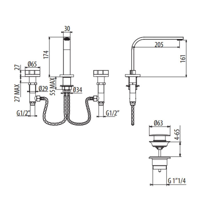 Gattoni GAS Смеситель для раковины, на 3 отв., в комплекте цвет: Matt old copper GS111/31VC