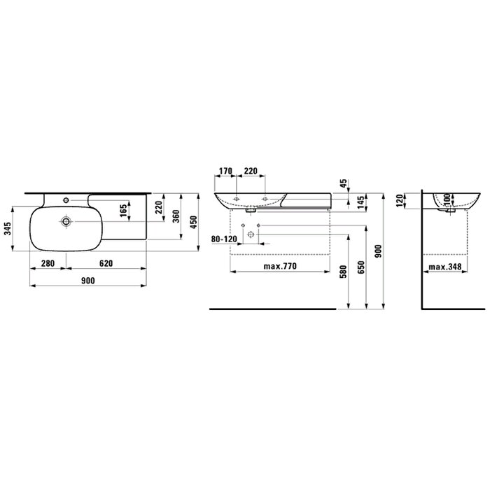 Laufen INO Раковина 90х45х12 см, 1 отв., полка справа, цвет: белый 8.1330.2.000.104.1