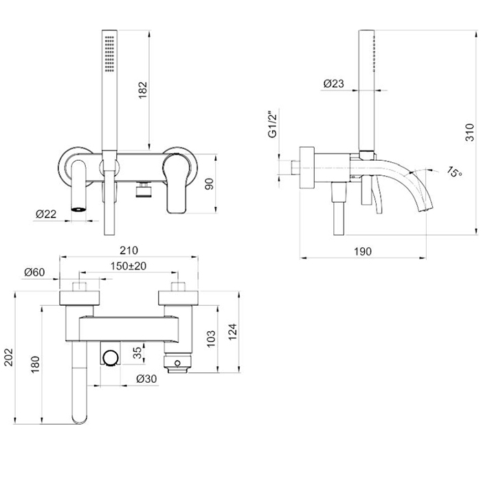 Fantini AL/23 Смеситель для ванны, настенный, излив: 190 мм, цвет: хром 26 02 B015