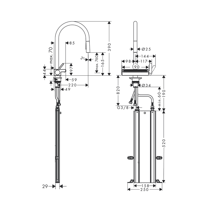 Hansgrohe Metris M71 Кухонный смеситель однорычажный, Eco, с вытяжным душем, 2jet, цвет: под сталь 14780800