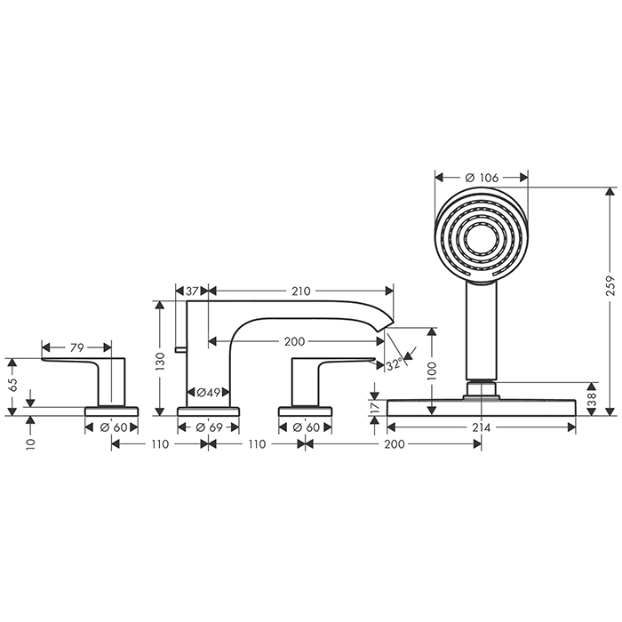 Hansgrohe Vivenis Смеситель на борт ванны, на 4 отв, с ручной лейкой, цвет: черный матовый 75444670