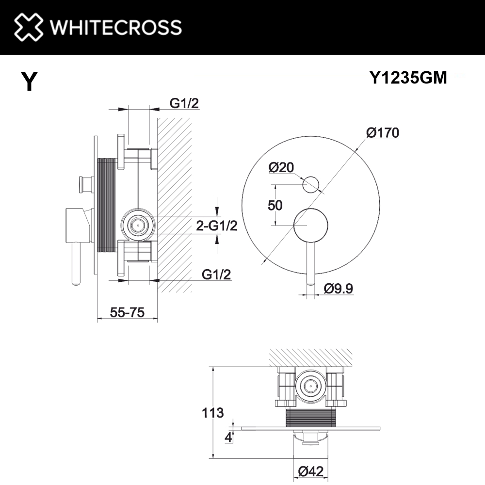 Смеситель скрытого монтажа на 2 потребителя WHITECROSS Y1235GM (оружейная сталь)