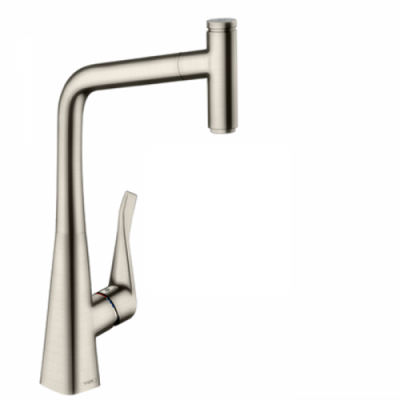 Hansgrohe Metris Select M71 Смеситель для кухни, на 1 отв, поворотный излив: 23.5см с вытяжным душем, 1jet, h: 33.3см, sBox, кнопка вкл/выкл, цвет: нержавейка 73803800