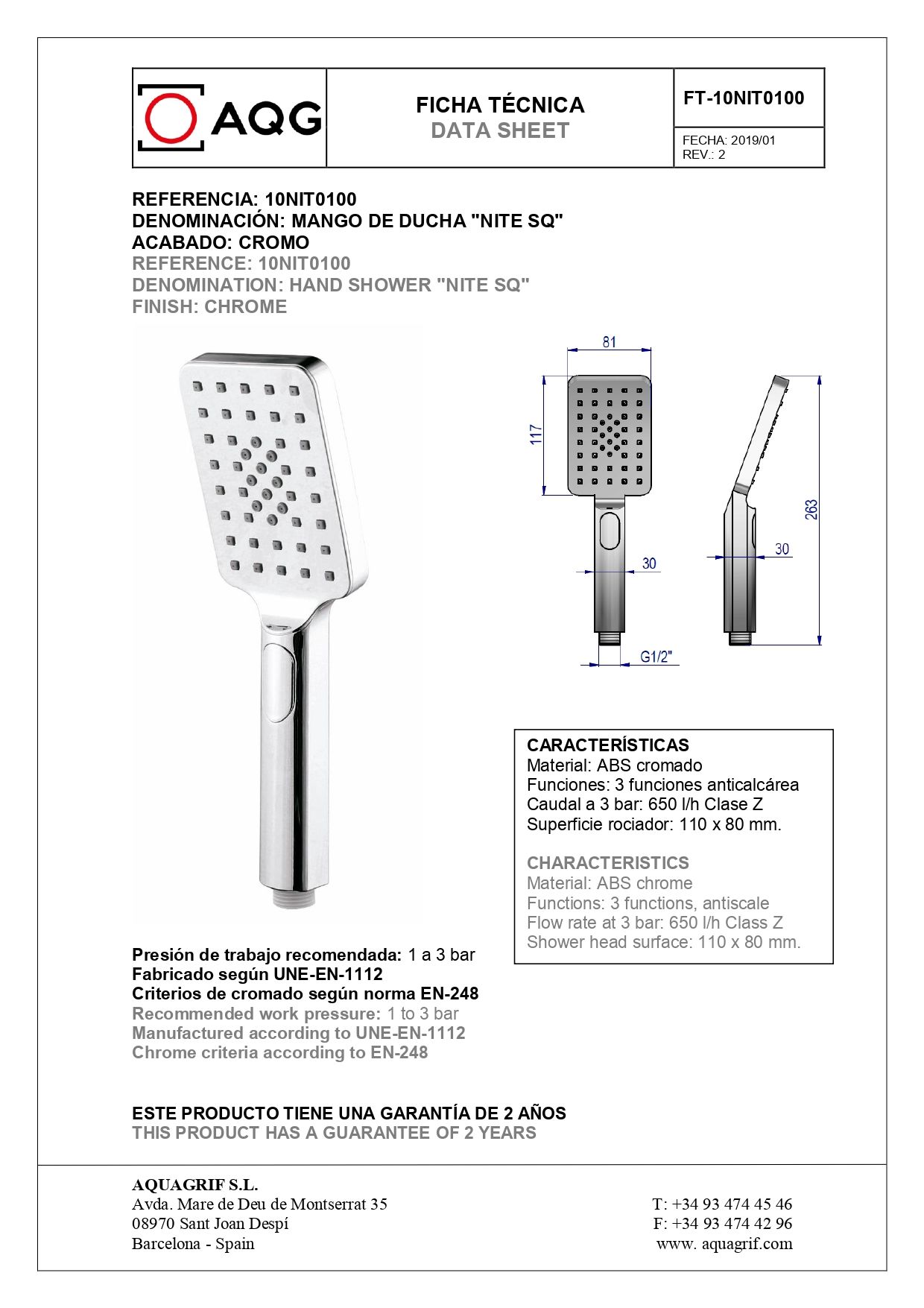 AQG, ручной душ антикальцевый NITE SQ 110х80мм, 2х режимный, цвет хром 10NIT0100