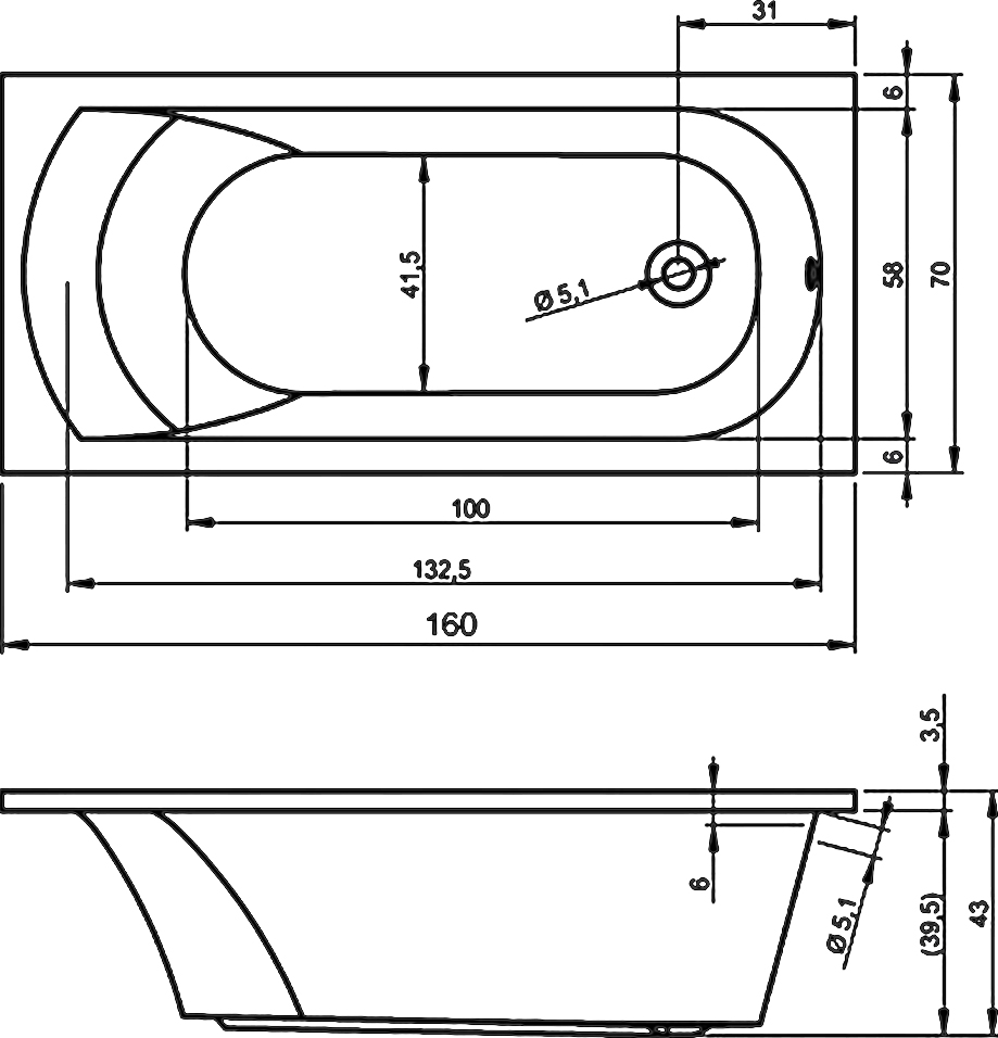 Ванна акриловая 160x70 RIHO Miami BB6000500000000