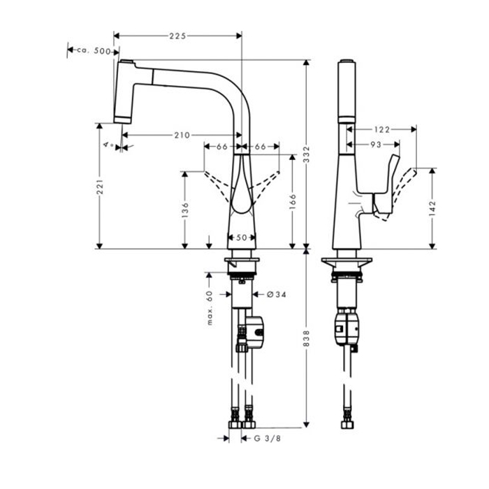 Hansgrohe Metris Смеситель  для кухни на 1 отв, поворотный и выдвижной излив 2jet, цвет: хром 14834000