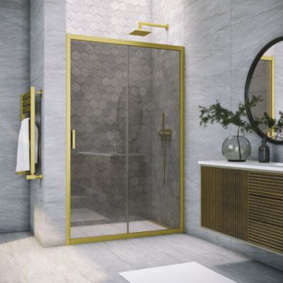 Душевая дверь в нишу  раздвижная 123-128 см, Vegas Glass ZP NOVO h2000 125 03 07 стекло тонированное, профиль золото матовое