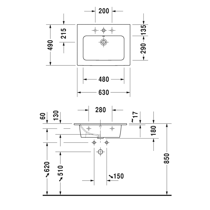 Duravit ME by Starck Раковина для мебели, с 1 отв. под смеситель, 630x490мм