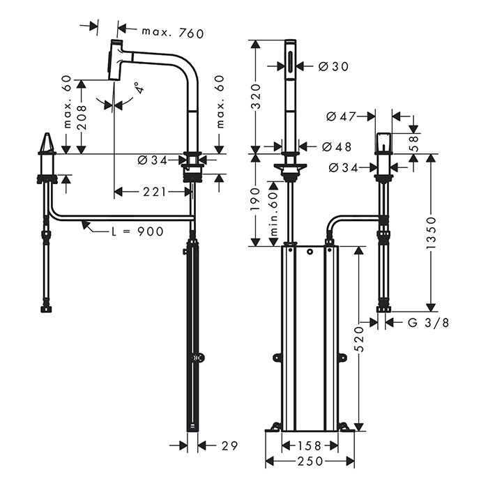Hansgrohe Metris Select Кухонный смеситель 200, на 2 отв, с вытяжным изливом 2jet, цвет: шлифованный черный хром 73818340