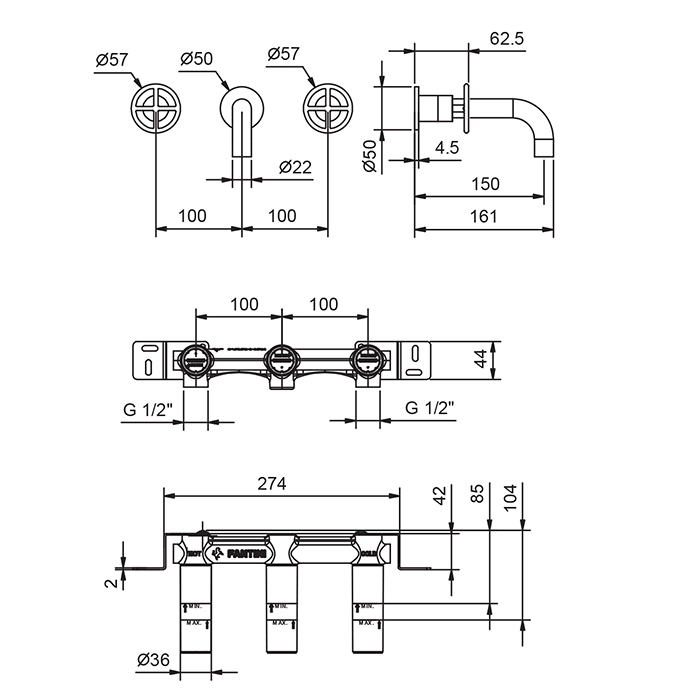 Fantini Fontane Bianche Смеситель для раковины, настенный, цвет: Matt Gun Metal PVD 47 P5 P010B