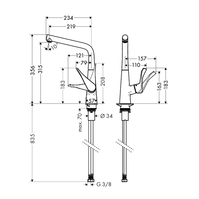 Hansgrohe Metris Смеситель  для кухни на 1 отв, поворотный и выдвижной излив, цвет: хром 14823000