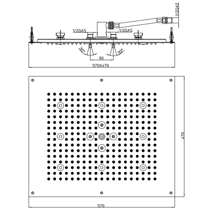 BOSSINI Dream Верхний душ 570 x 470 мм, с 8 LED RGB, 2 режима (дождь, распыление), блок питания/управления, Cromoterapia, цвет: хром H38661.030