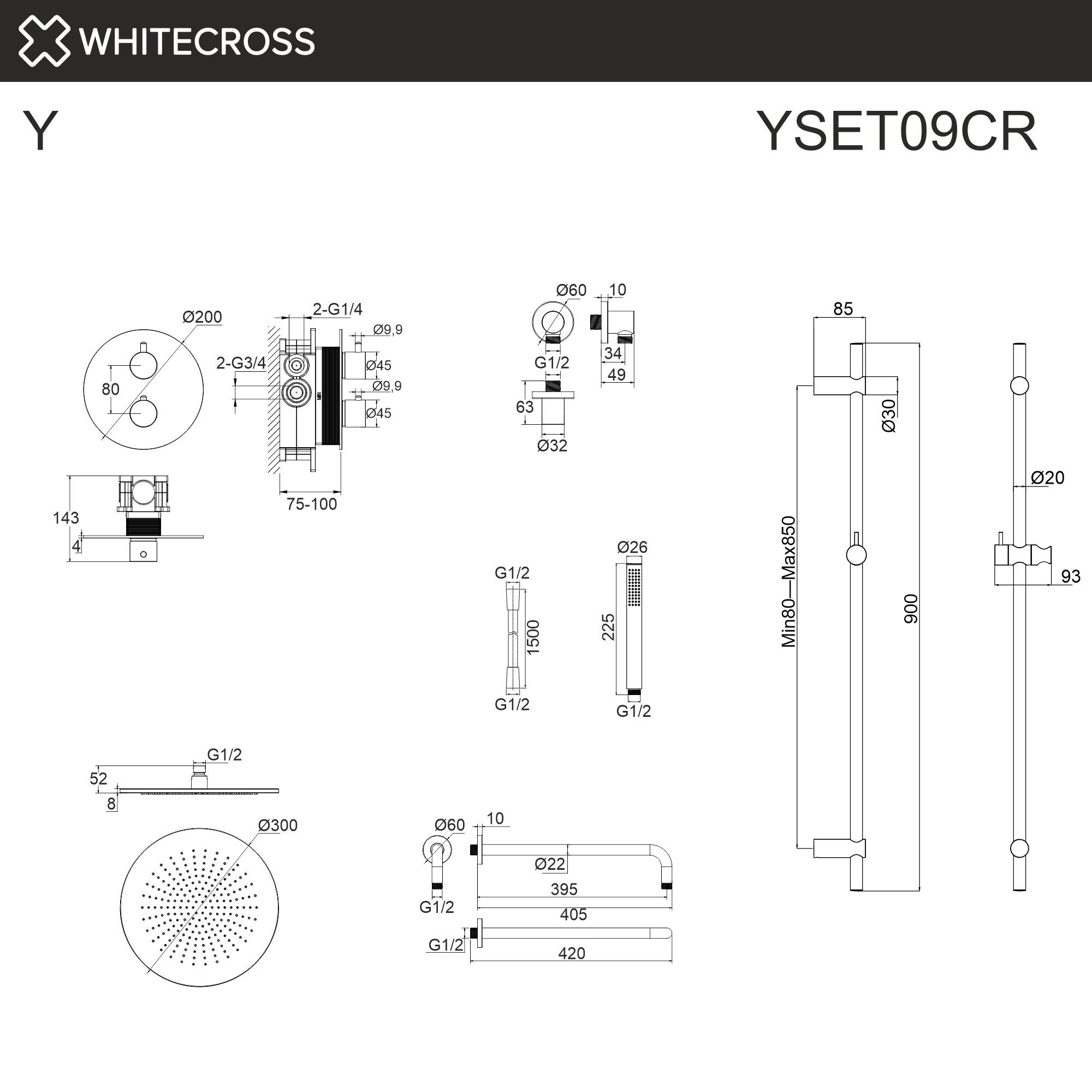Термостатическая душевая система скрытого монтажа WHITECROSS YSET09CR (хром)