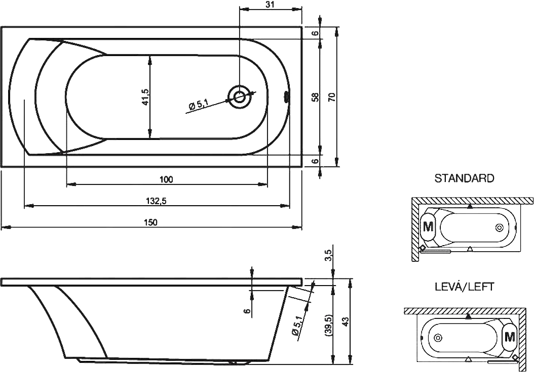 Ванна акриловая 150x70 RIHO Miami BB5800500000000
