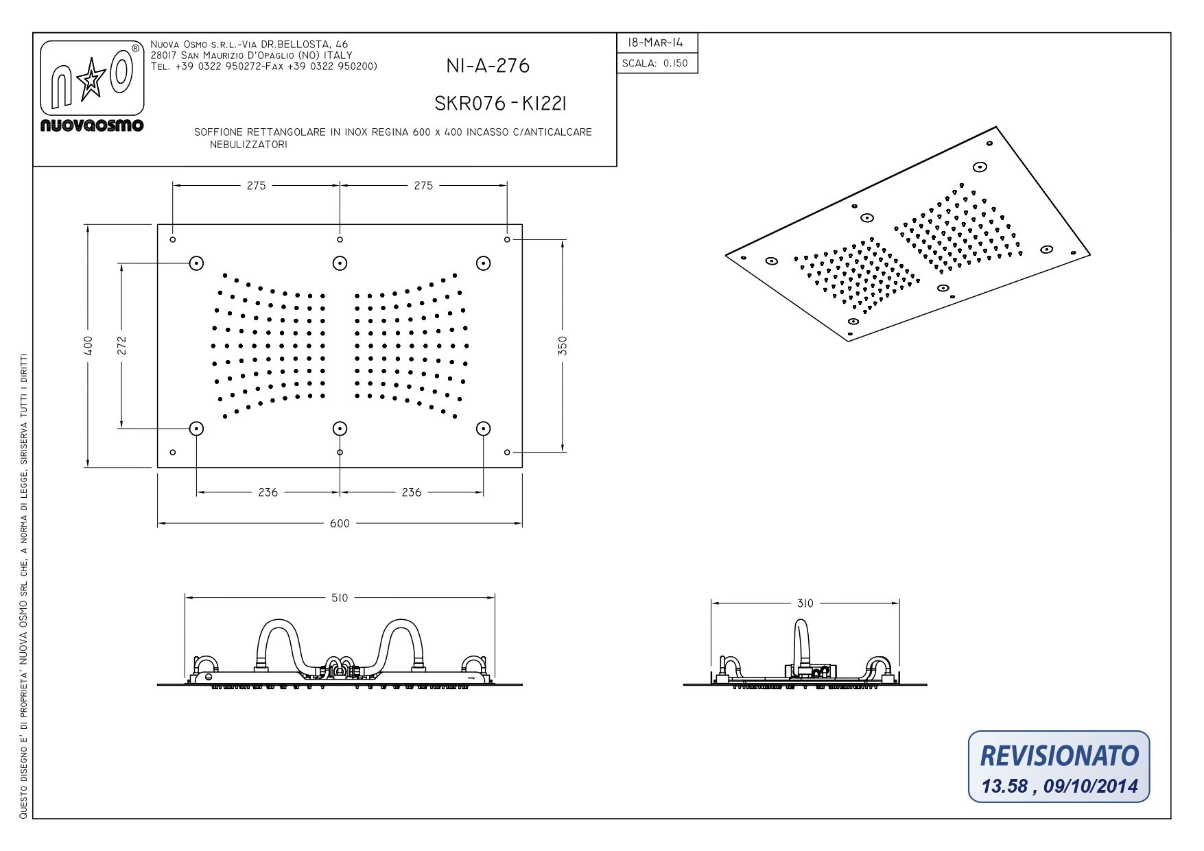 Graffio King KI221IX душ встраиваемый в потолок 600x400 с распылителем, хром
