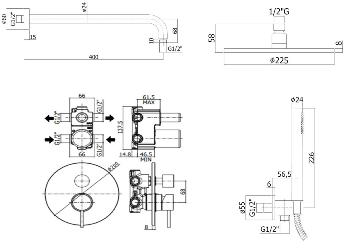 Комплект KITLIG018CR   для душа со смесителем LIG018CR на 2 выхода, душ 225мм, LIGHT, хром Paffoni - 1 шт