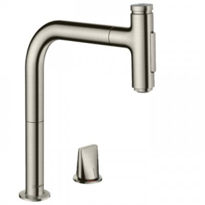 Hansgrohe Metris M71 Смеситель для кухни, на 2 отв, поворотный излив: 22.1см с вытяжным душем, 2jet, h:20.8см, sBox, цвет: нержавейка 73818800