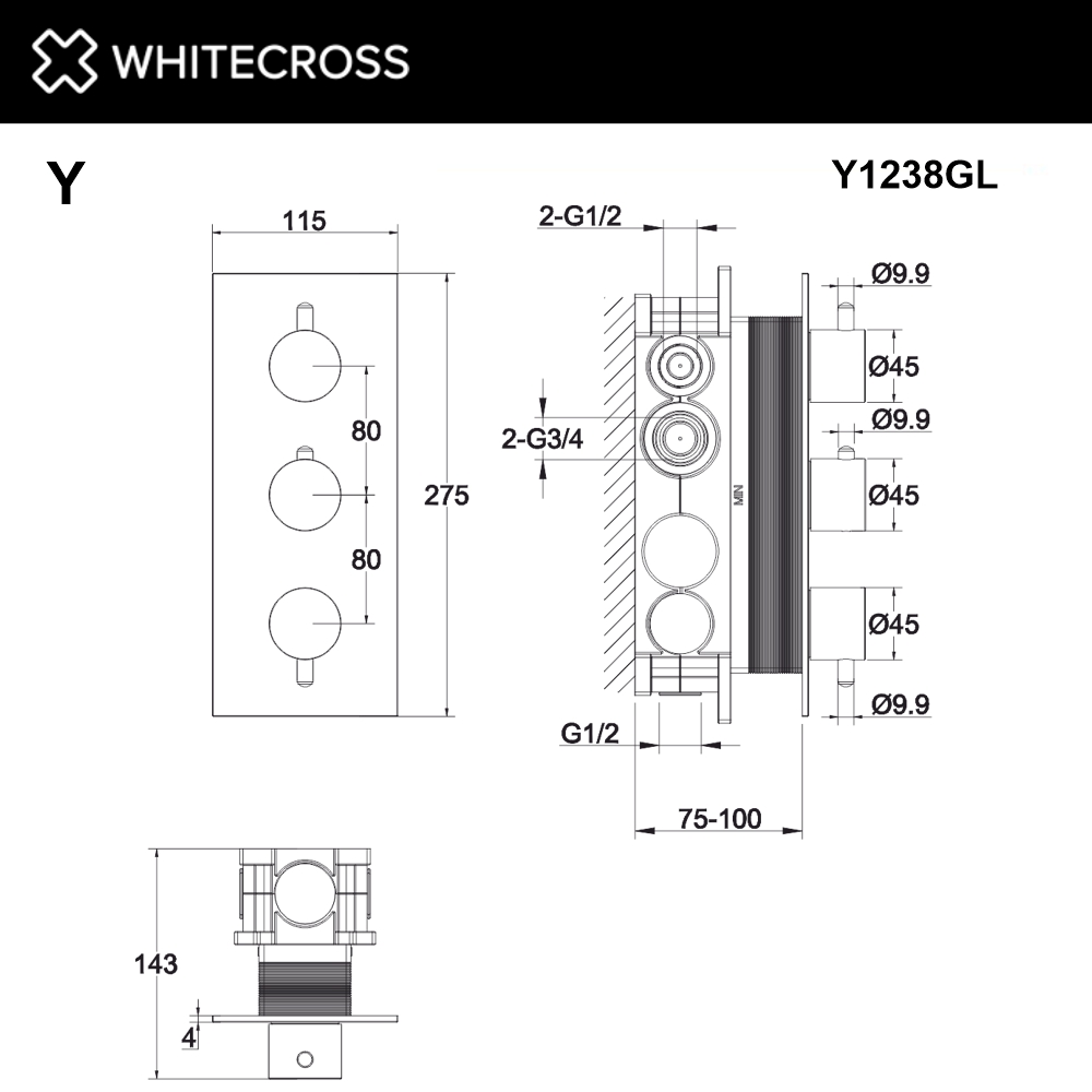 Смеситель термостатический для душа скрытого монтажа WHITECROSS Y Y1238GL (золото)