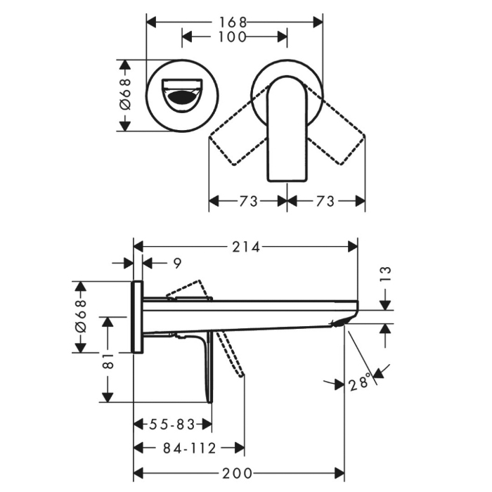 72568670 Hansgrohe Rebris E Смеситель для раковины, настенный, цвет: черный матовый