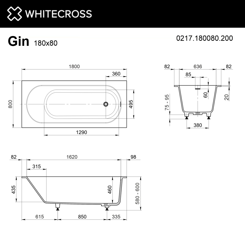 Ванна WHITECROSS Gin 180x80, искусственный камень
