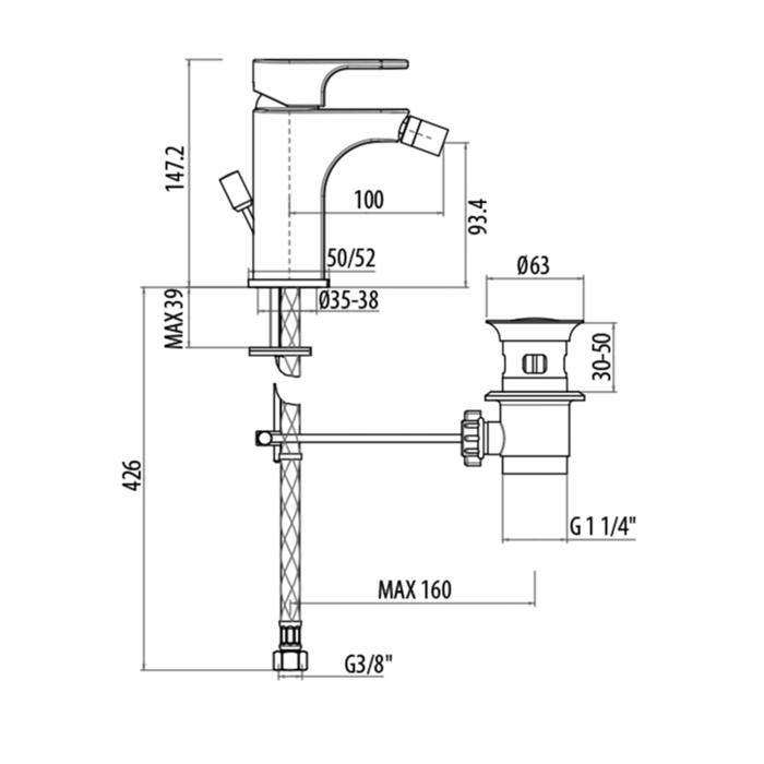 Gattoni H2Omix1000 Смеситель для биде 100мм с донным клапаном, цвет: хром 1051/10С0