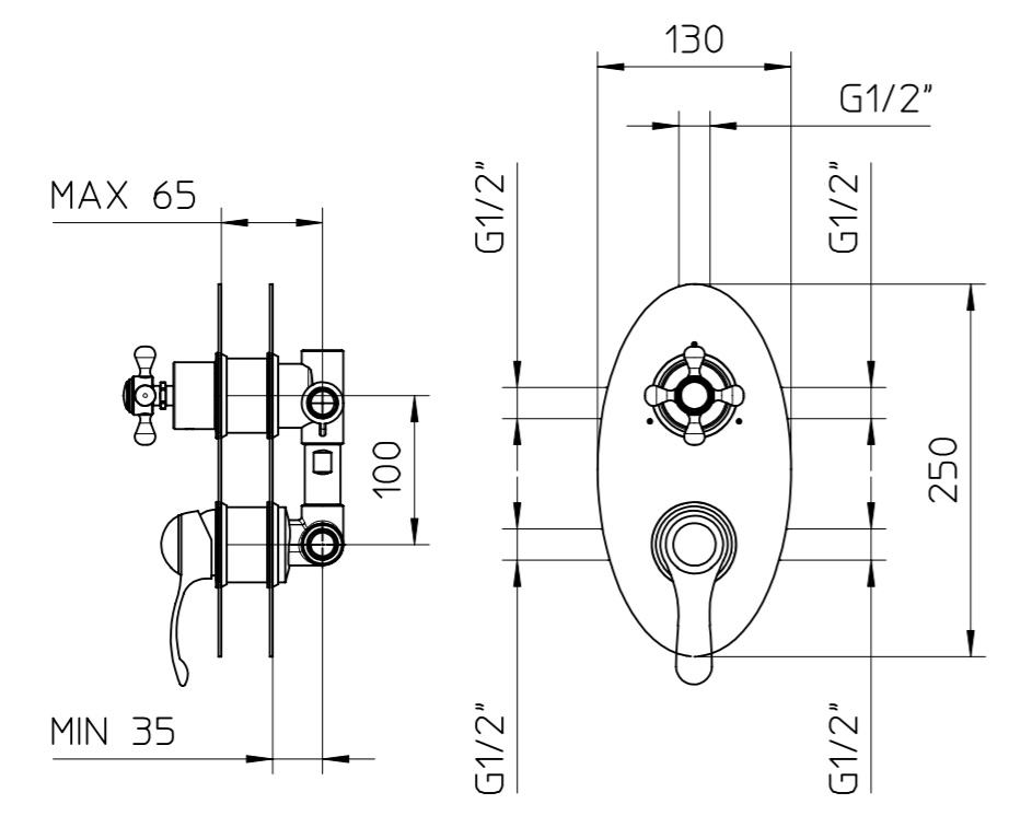 26206850 Palazzani встроенный смеситель для душа на 3 потребителя, 1/2", комплект бронза