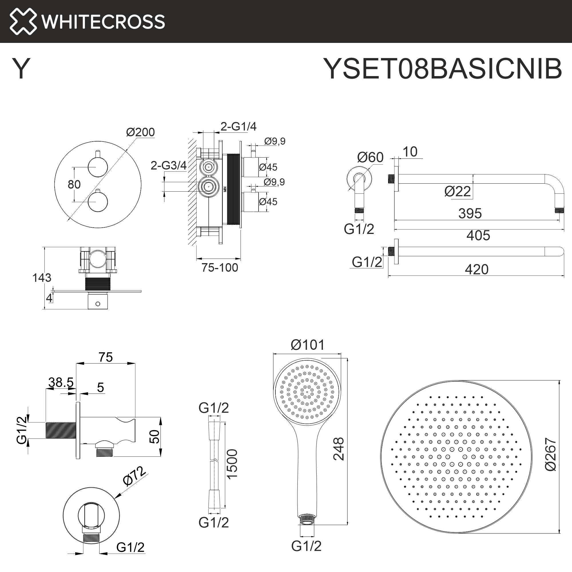 Термостатическая душевая система скрытого монтажа WHITECROSS YSET08BASICNIB (брашированный никель)