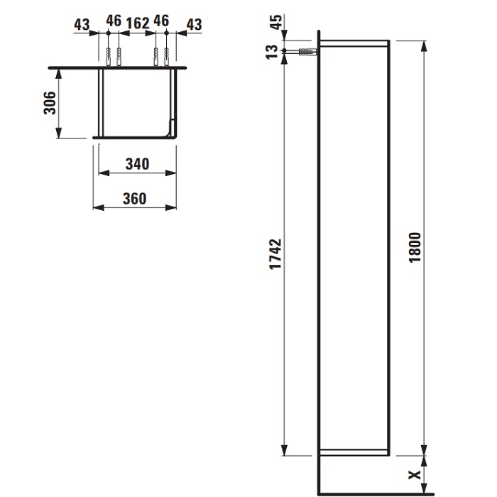 Laufen INO Шкаф подвесной, 36х30.5х180см, с 1 дверцей, DX, цвет: темный орех 4.2545.2.030.171.1
