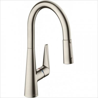 Hansgrohe Metris Select M71 Смеситель для кухни, на 1 отв, поворотный излив 22.2см с вытяжным душем, 1jet, h23.8см, sBox, кнопка вкл/выкл, цвет: нержавейка 73802800