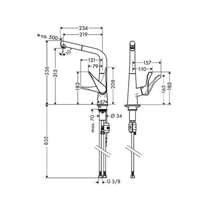 Hansgrohe Metris Смеситель  для кухни на 1 отв, поворотный и выдвижной излив, цвет: сталь 14821800