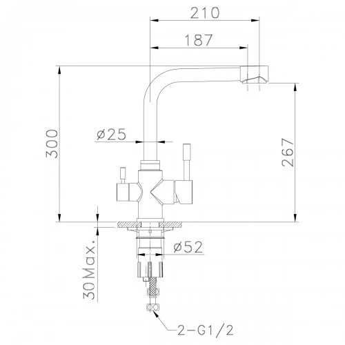 Смеситель для кухни с подключением к фильтру питьевой воды, высота излива 27 см, длина 21 см, нерж. сталь/золото