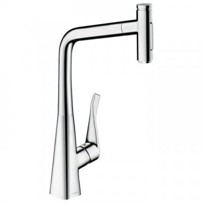 Hansgrohe Metris Select M71 Смеситель для кухни, на 1 отв, поворотный излив: 23.5см с вытяжным душем, 2jet, h: 33.3см, sBox, цвет: хром 73820000