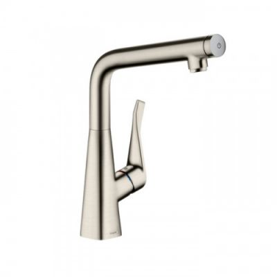 Hansgrohe Metris Select Смеситель  для кухни на 1 отв, поворотный излив, кнопка вкл/выкл воды, цвет: сталь 14883800